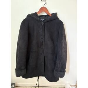 Lands End Womens Size L 14-16 Coat Faux Suede Hooded Jacket Sherpa Lined Black